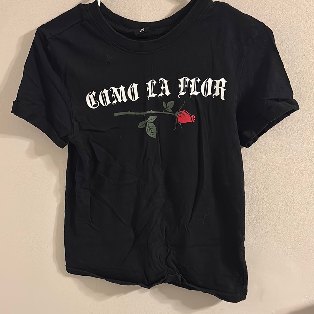 Black Graphic Tee with Red Rose Design